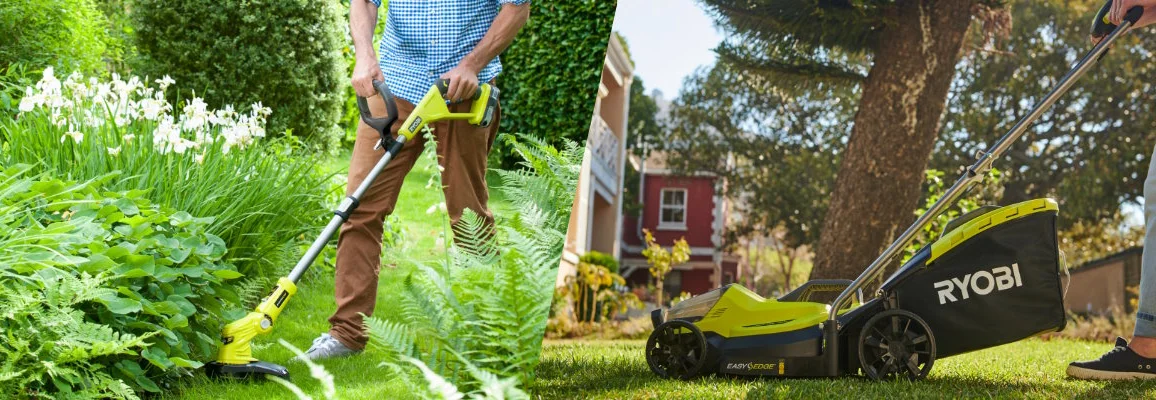 Eine Person trimmt Gras, eine andere mäht den Rasen mit Ryobi-Geräten.